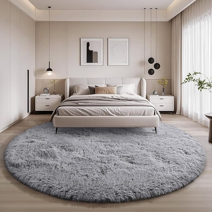 EVOIONOS Grey Round Rug for Living Room, 7x7 Ft Fluffy Soft Circle Area Rugs for Bedroom, Plush Shaggy Circular Carpet for Indoor Floor Bedside Kids Nursery, Machine-Washable Home Decor Aesthetic