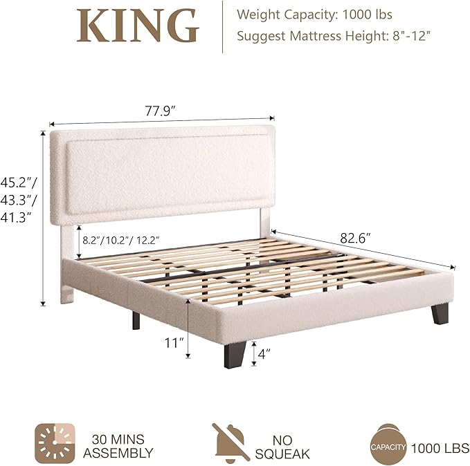 King Size Bed Frame, Upholstered Platform Bed with Adjustable Headboard, Soft Boucle Fabric, Modern Style, No Box Spring Required, Easy Assembly, Off-White