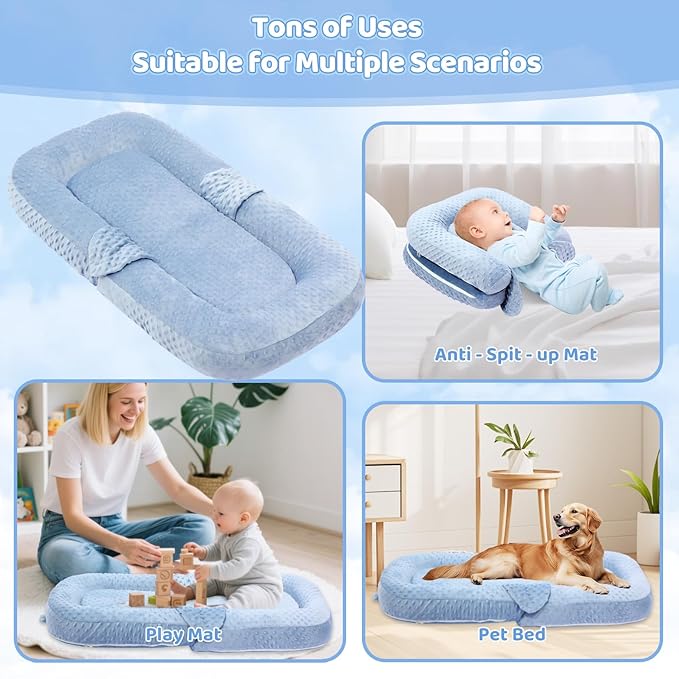 Baby Lounger Pillow- Portable Baby Lounger for Newborn, 0-24 Months,3-in-1 Baby Nest for Home and Travel, Foldable & Soft, CPC Certification Newborn Babies Essentials Gifts, Blue