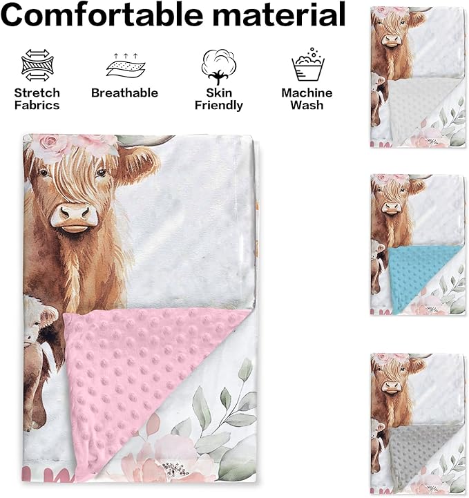 Personalized Baby Blankets for Boys Girls, Custom Name Pink Highland Cow Baby Blanket, Soft Receiving Blanket for Newborns and Toddlers, Ideal for Baby Showers and Nursery Decor