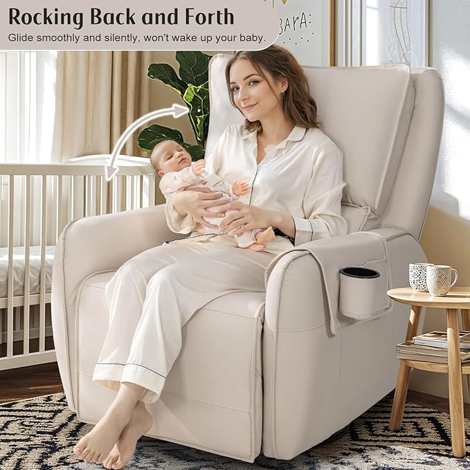 Power Recliner Gliders for Nursery, Electric Swivel Rocker Recliner Chair, Comfy Upholstered Living Room Reclining Rocking Chairs with Lumbar Support (Medium Size 7560, Cream)