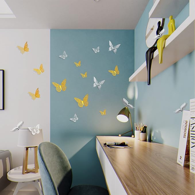 SAOROPEB 3D Butterfly Wall Decor 48 Pcs 4 Styles 3 Sizes, Butterfly Birthday Decorations Party Decorations Cake Decorations Wedding Decor, Removable Stickers (Gold, Silver)