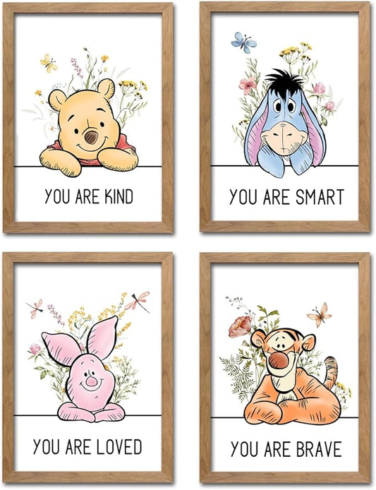 Cute Winnie the Pooh Quote Framed Wall Art Set of 4, Boho Educational You are Brave Strong Smart Kind Wooden Saying Sign for Baby Girl Kid Boy Toddlers, Preschool Inspirational Nursery Wall Decor
