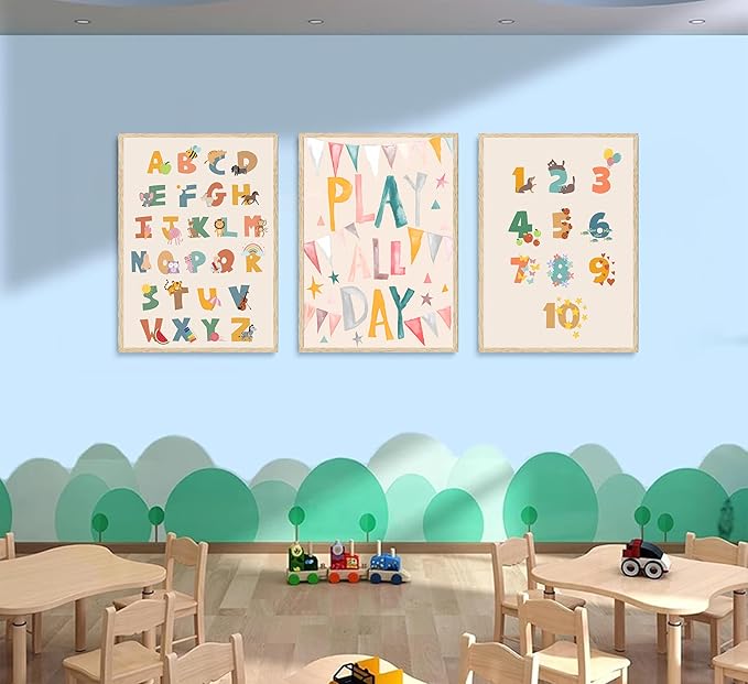 Burshley 3pcs Children Playroom Wall Art Canvas Prints ABC Learning Posters Play All Day Flags 123 Counting Paintings Colorful Educational Kids Wall Decor Nursery Kindergarten Decoration Unframed