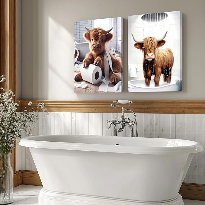 Hianan Funny Highland Cow Canvas Wall Art, Cute Brown Cow Bathroom Decor, Framed Animal Bathing Poster Prints, Retro Rustic Farmhouse Wrapped Canvas Artwork for Restroom 12"x16"x3