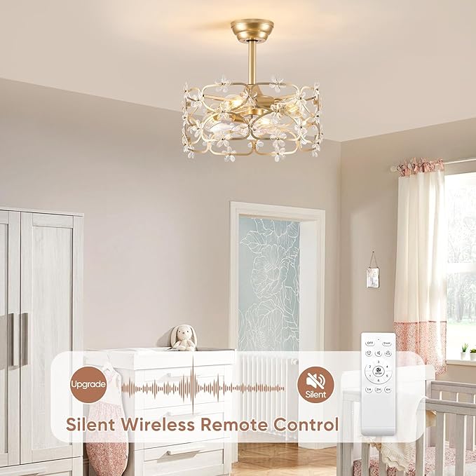 Gold Fandelier Ceiling Fan with Light and Remote Control Modern Crystal Flower Chandelier Ceiling Fan for Girl's Bedroom，Nursery，Living Room（Caged Enclosed 6 Speeds Height Adjustment）