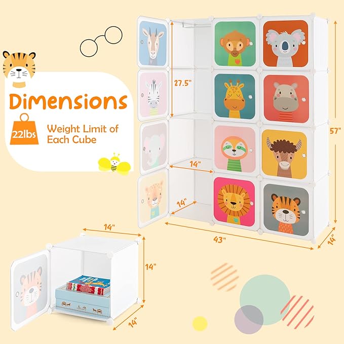 HONEY JOY Kids Wardrobe Closet, Baby Cartoon Clothes Storage Organizer, 12 Cubes & 2 Hanging Sections, Portable Children DIY Modular Bedroom Armoire Dresser Cabinet for Boys Girls (White)