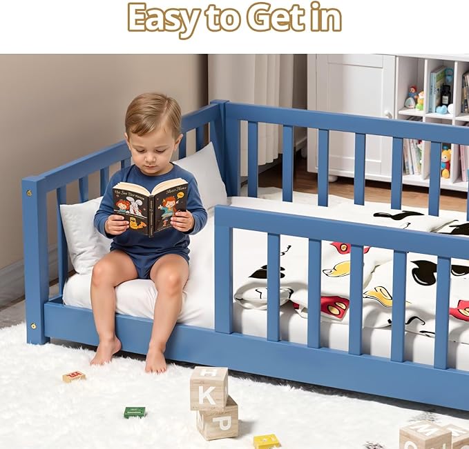 LLS Queen Floor Bed for Kids Toddlers, Solid Wood Multifunctional Montessori Bed Frame with Safety Guardrails, Without Door, Easy Assemble, Mist Blue