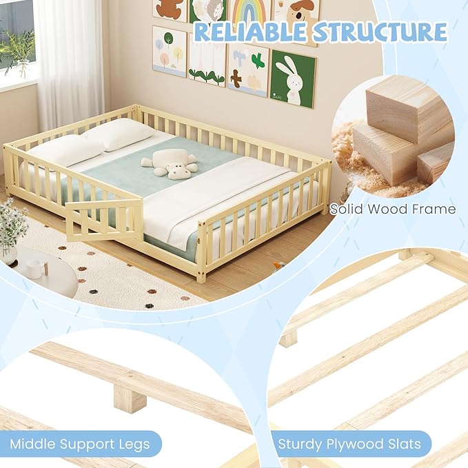 Giantex Full Floor Bed with Fence for Kids, Montessori Bed Frame with Door and Safety Guardrails, Solid Wood Floor BedsFull with Slats Support for Kids Boys Girls, Natural