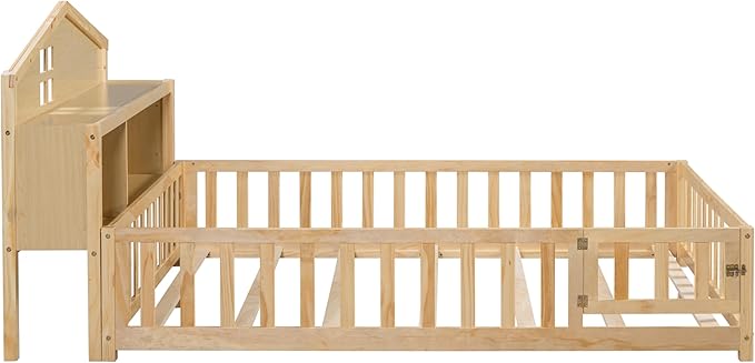 Bellemave Full Size Floor Bed for Kids, Girls, Boys, Solid Wood Montessori Bed with Storage headboard, Door, Storage,Natural