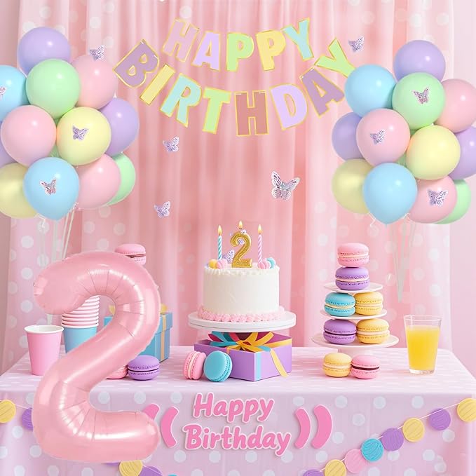 Pastel 2nd Birthday Decorations for Girl -12 inch Pastel Balloons, 40 Inch Pink 2 Balloon,3D Butterflies Stickers, Happy Birthday Banner for Baby Girl 2 Year Old BD Party Decorations