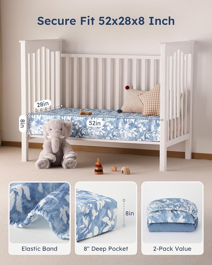 Yoofoss Muslin Crib Sheets for Boys Girls, Organic Baby Crib Sheets for Standard Crib Mattress & Toddler Mattress, Soft, Breathable, Durable 52"x28"