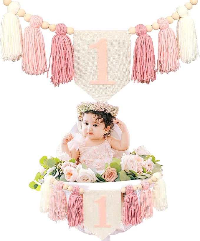 Boho Pink Handmade 1st Birthday High Chair Banner First Highchair Banner For Baby Girls Wild One Wall Hangings Wood Bead Tassel Garland 1 Birthday Party Decorations Photoshoot Props Photo Props