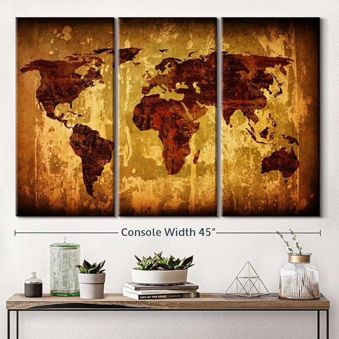 ElephantStock Vintage World Map Wall Art Multi Piece Canvas - 3 Piece Canvas World Map Wall Decor - Wall Decor - Ready-to-Hang Print - Vintage Wall Art - 45" X 28"