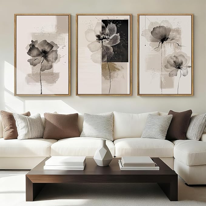 IARTTOP Extra Large Black Neutral Framed Wall Art 24x36 Inch Beige Tan Abstract Floral Canvas Wall Decor Set of 3 Minimalist Modern White Flower Art Prints for Living room Bedroom