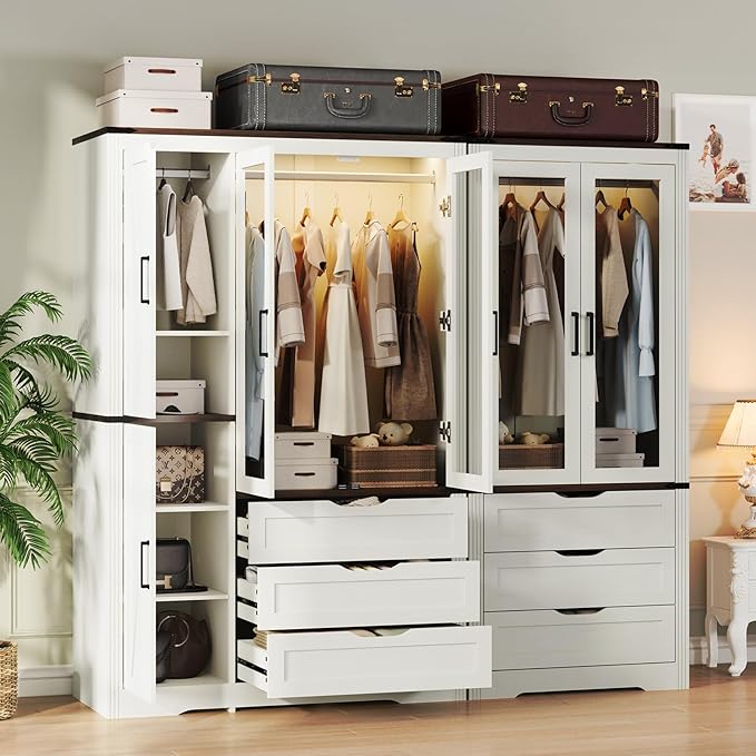 Concho 73'' Tall Farmhouse Armoire Wardrobe Closet with LED Light, Wood Wardrobe Closet Collection with 4 Doors 3 Drawers, Clothing Storage Cabinet with 4 Adjustable Shelves, Antique White