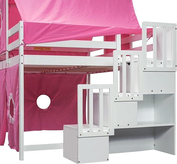 Playhouse Full Size Low Loft Bed with Slide & Tent and Tower, Solid Wood Tent Bed Frame with Storage Staircase for Kids Teens Boys Girls, Versatile Spacious Under Bed Space with Curtains (Pink-TXF)