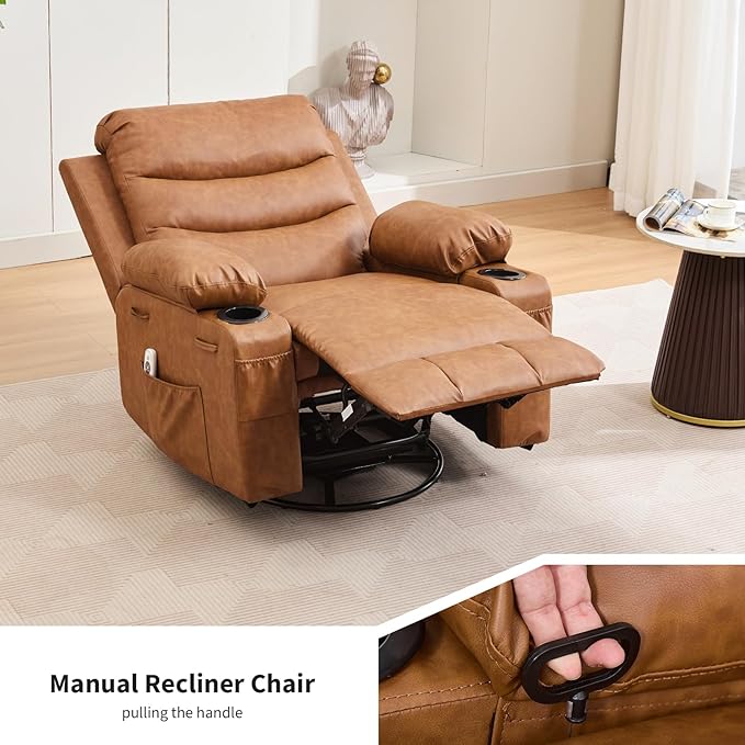 Leather Recliner Chair Nursery, Oversized Manual Reclining Rocking Chair, 360 Swivel Glider with Cup Holder, Massage and Heat Recliner, Small Sofa Chairs for Adults, Living Room, RV, Bedroom, Brown