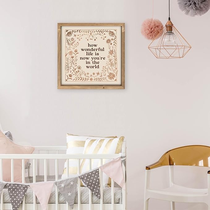 pechpell 11.8 Inch Nursery Wall Decor, Wooden How Wonderful Life Is Now You're In The World Sign, Boho Vintage Baby Girl Woodland Nursery Art Kids Room Table Shelf Decorations for Home Playroom