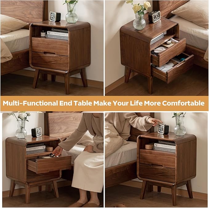 Solid Wood Nightstand Set of 2, Walnut Night Stand with 2 Drawers and Open Storage, Bedside Table for Bedroom, Mid Century Modern Nightstands for Dorm