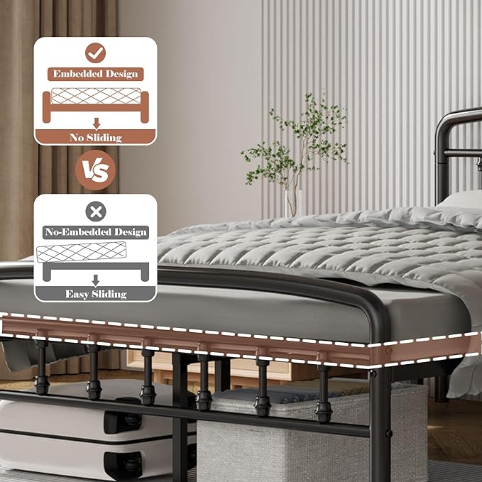 Metal Full Size Bed Frames with Headboard, 1500 Lbs Heavy Duty Bed Frames Noise-Free Design & 12" Underbed Storage,No Box Spring Needed/Tool-Free 30 Mins Assembly