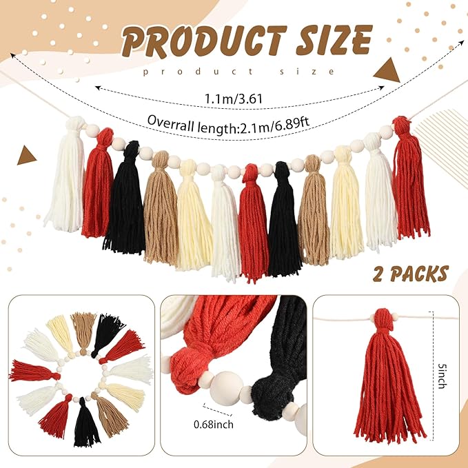 2 Pcs Tassel Garland with Wood Beads, Handmade Cotton Yarn Wall Hanging Banner Boho Tassel Wall Hanging Party Decor for Nursery, Birthday Baby Shower Home Classroom Decoration(Retro)