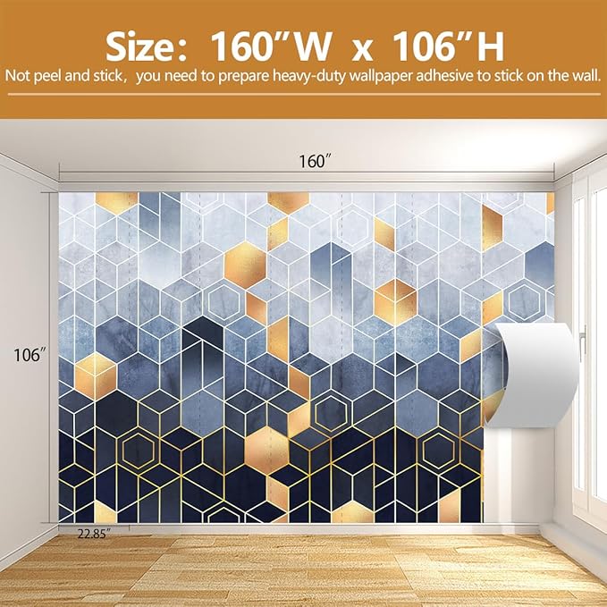 Blue and Gold Geometric Wallpaper Mural for Living Room Bedroom（Not Peel and Stick）