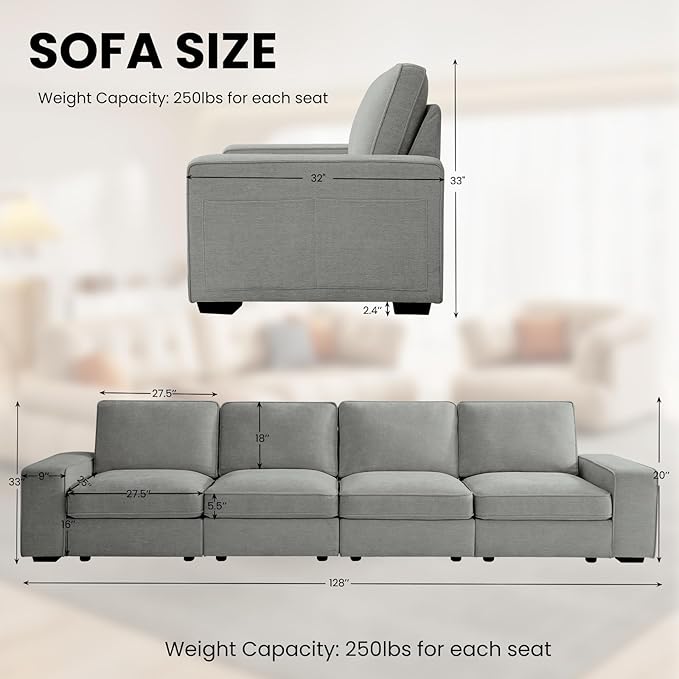 TEKAMON 128" Modular Sofa Couch with Seat Storage, Chenille Sofa，Modern Comfy 4-Seater Couch for Living Room, Office, Apart W/Deep Seat, Wide Armrest, USB, Pockets, Removable Covers (Light Grey)