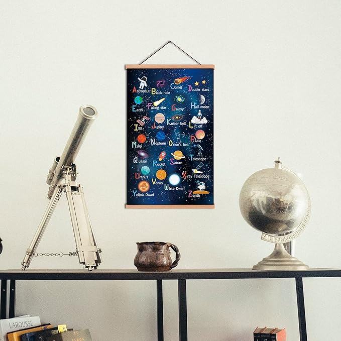 KAIRNE Outer Space Art Print With Wood Magnetic Poster Hanger Frame, Astronomy Alphabet Letters Canvas Wall Art,Abstract Universe Educational Poster,35X56CM Hanging Painting For Home Classroom Decor
