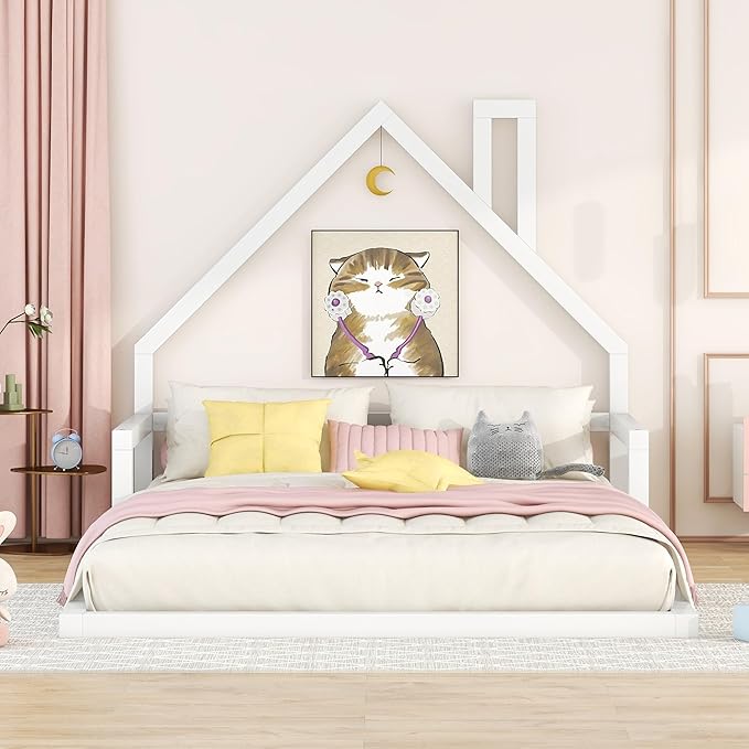 Harper & Bright Designs Full Size Floor House Bed, Montessori Floor Bed for Kids, Solid Wood Low Bed Frame for Bedroom, Playroom, Wooden Slats Support, White