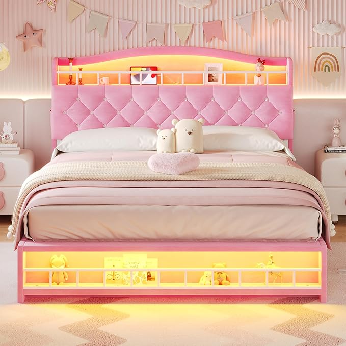 BTHFST Queen Szie Girls Bed with LED Lights & Charging Station, Princess Queen Size Bed Frame with Hidden Storage Headborad, Sturdy Platform Bed, No Box Spring Needed/Noise-Free/Easy Assembly, Pink