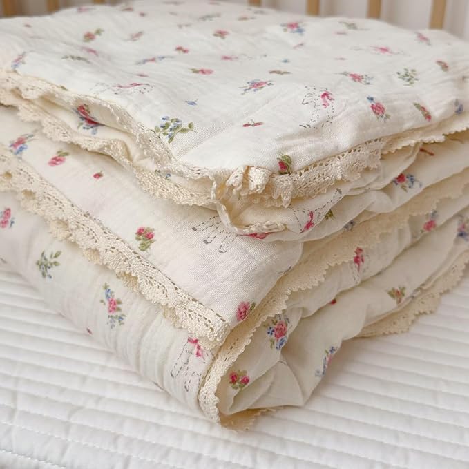 BuLuTu Pink Floral Kids Blanket for Todder/Twin Bed Muslin Cotton Comforter for Girls Boys, Soft Breathable Quilted Blanket Cute Sheep Pattern Toddler Quilt for All Seasons, 60x78 Inches