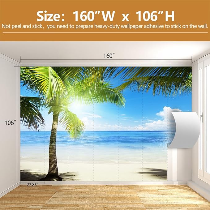 Coastal Wallpaper Tropical Palm Tree Beach Landscape Wall Mural for Living Room Bedroom（Not Peel and Stick）