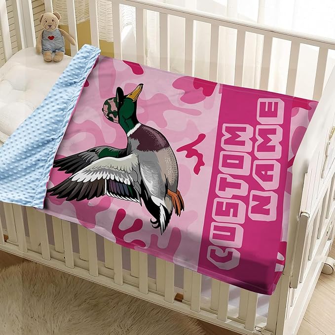 Personalized Baby Blanket with Name – Woodland Duck Theme Pink Soft Receiving Blanket for Newborn Girls, Custom, Cozy Nursery Decor for Toddlers
