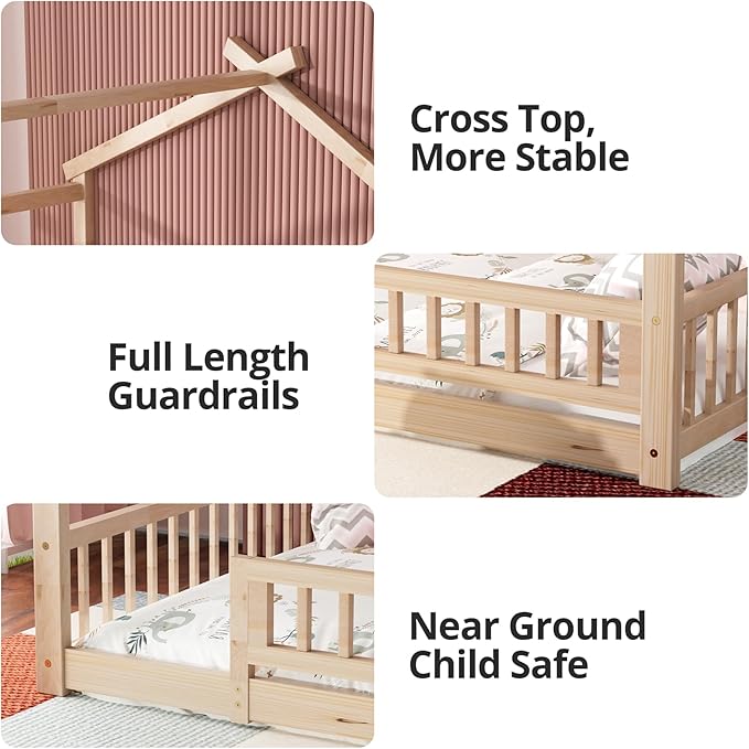LLS Twin House Bed with Fence, Wooden Montessori Bed with Slats Support, Floor Bed Frame for Boys Girls Bedroom, Natural