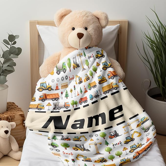 Ship Next Day, Personalized Truck Blanket - Printed in USA, Custom Name Blankets for Kids with Engineering Vehicle, Home Bedding Bed Decor, Fun Birthday Gift for Boys&Girls Women Man