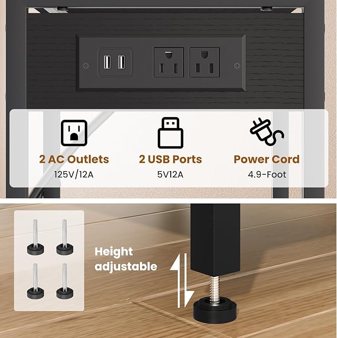 Record Player Stand with Charging Station, 3-Tier End Table with LED Light, Side Table Nightstand for Vinyl Storage,Tall Beside Tables Turntable Stand Living Room, Bedroom, Black