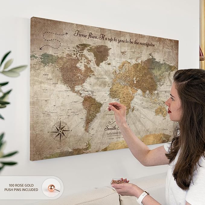 ElephantStock - Personalized Be The Navigator I Push Pin World Map Wall Art - Horizontal Canvas Wall Art - Living Room Wall Decor - Digital Art Map Canvas Art - Brown And Beige Decor - 39" x 26"