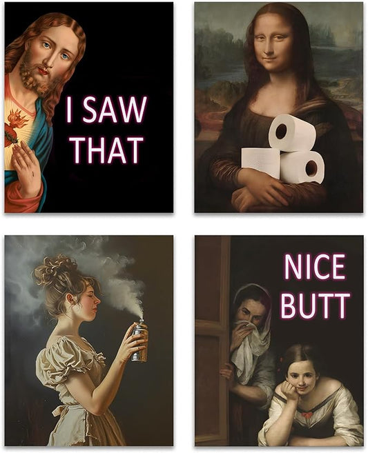 OFJE Funny Jesus I Saw That Classical Art Prints Set of 4, Vintage Humor Bathroom Wall Art for Bathroom Home Bedroom Living Room Decor,Funny Artwork Decor, 8x10 Unframed