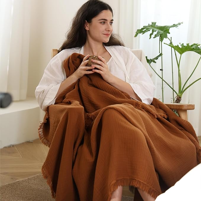 MooMee Muslin Blanket - 100% Cotton 4-Layer Gauze Throw Blanket with All-Around Fringe, Ultra-Soft Breathable Lightweight Cooling Decorative for Bed, Sofa & Couch (Drak Orange,King 104" x 90")