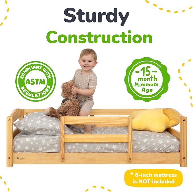 Ocodile Toddler Bed with Rails | Low Montessori Floor Bed Frame for Kids | Standard Crib Size Wooden Frame for Independent Toddlers 1-3 - Varnished