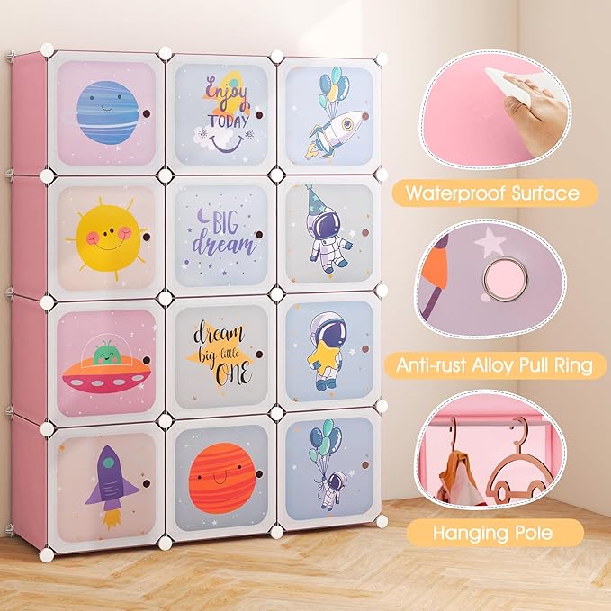 INFANS Children Wardrobe, Kid Closet Portable Baby Dresser Cute for Kids Bedroom Nursery Armoire with Doors 12 Cube 2 Hanging Sections, Kid Clothes Storage Organizer (Pink, 12 Cubes)