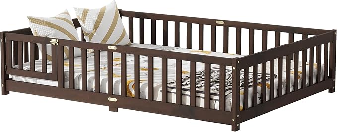 Full Size Floor Bed for Kids, Wood Montessori Floor Beds with Fence Railings, Door & Slats Support, Full Playhouse Bed Frame for Boys Girls, No Box Spring Needed, Espresso