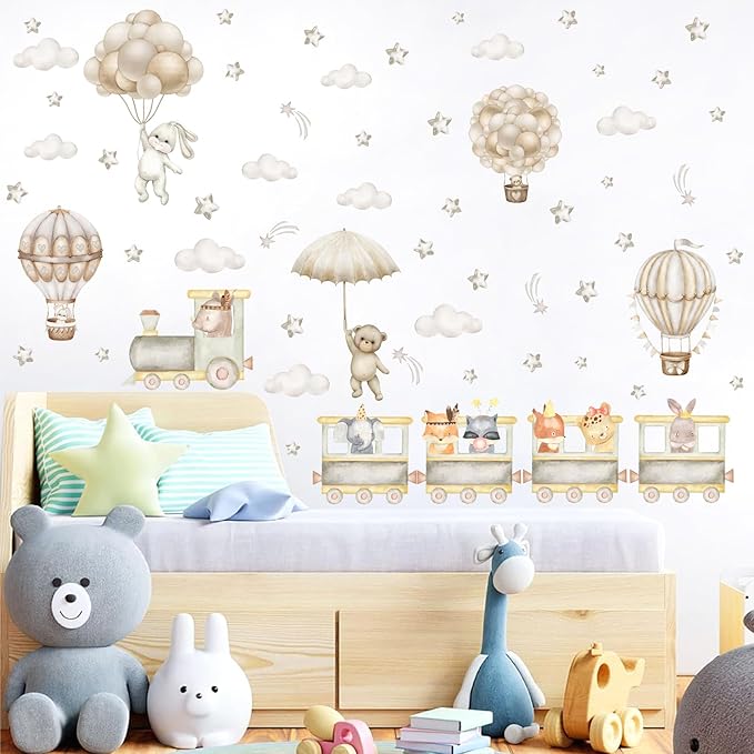 Large Train Animal Wall Decals Cartoon Balloon Animal Wall Stickers Watercolor Cloud Hot Air Balloon Wall Decals Peel and Stick Cute Animal Train Wall Stickers for Kid Room Baby Nursery Decor