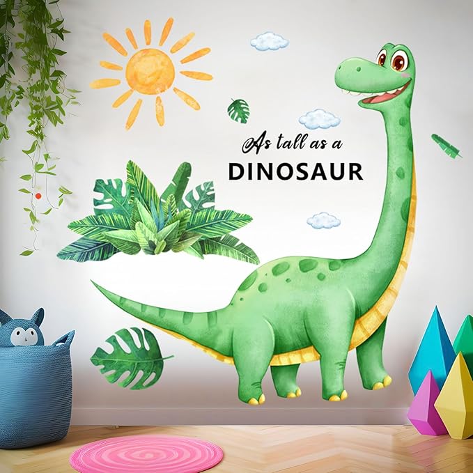 Large Dinosaur Wall Decals Removable Self-Adhesive Dino Mural with Palm Leaves Sun, Watercolor Kids Wall Stickers for Nursery Bedroom Playroom Boys Room Decor in Green and Yellow