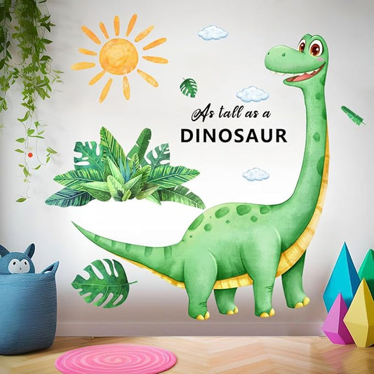 Large Dinosaur Wall Decals Removable Self-Adhesive Dino Mural with Palm Leaves Sun, Watercolor Kids Wall Stickers for Nursery Bedroom Playroom Boys Room Decor in Green and Yellow