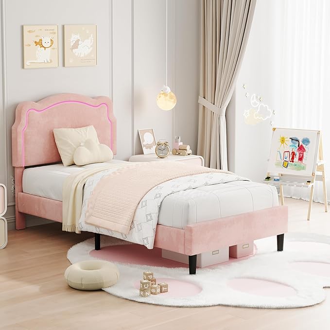 GarveeHome Twin Upholstered Smart LED Bed Frame with Headboard, Velvet Princess Platform Bed Frame for Kids, Wooden Slats Support, No Box Spring Needed (Pink, Twin)
