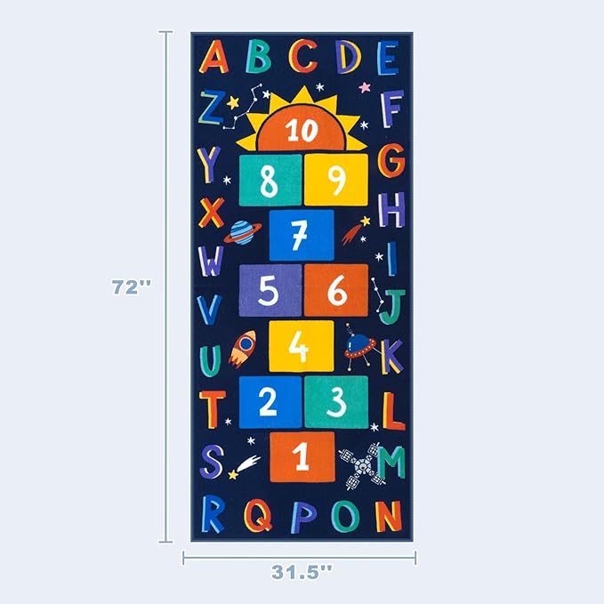 STARUIA Washable Hopscotch Kids Rugs for Playroom, Colorful Educational Classroom Rug with ABC Number, Non Slip Boy Kids Room Rug Space Game Carpet for Bedroom Nursery（Dark Blue, 31.5''x72''）