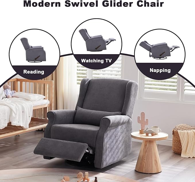 Nursery Swivel Glider Recliner,Rocking Chair Nursery with Footrest,Rocking Recliner Chair for Nursery,Glider Rocker Recliner for Living Room & Bedroom,Grey