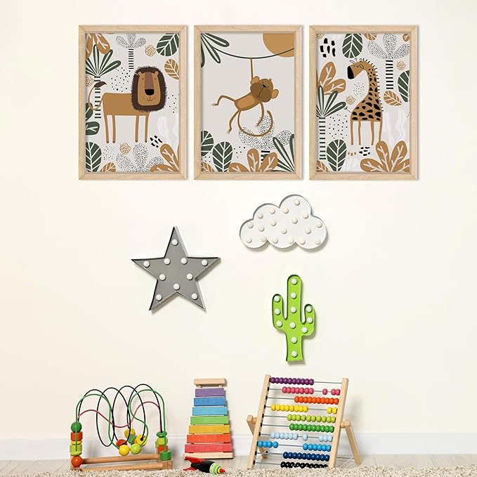 YWJKWLGS Kids Safari Animal Wall Decor, 3 Piece Nursery Art for Baby Room 16"x24" Jungle Theme Cute Lion Monkey Giraffe Prints Sign Wood Framed for Children's Room Toddler Bedroom Decoration (Wood)